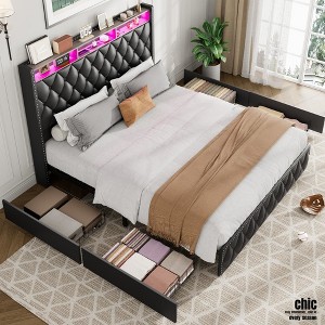 Jojoka Queen Bed Frame with 50.8" Tall Headboard, 4 Drawers, LED Lights, Charging Station, Upholstered Platform, No Box Spring Needed, Easy Assembly - 1 of 4