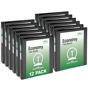 Office Essentials Economy View 3 Ring Binders, 1" Round Rings, 1.4" Spine, 175-Sheet Capacity, Black Binders (12-Pack of 03425) - 1 of 4