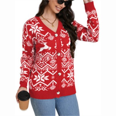 Clearlove Womens Christmas Cardigan V Neck Button Down Long Sleeve Open Front Cardigan Sweaters Knitwear Snowflake Elk Pattern