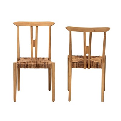 Artha Natural Brown Teak Wood and Seagrass Wishbone Dining Chairs, Set of 2