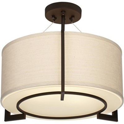 Possini Euro Design Modern Ceiling Light Semi Flush Mount Fixture Bronze 17 1/4" Wide Linen Drum Shade for Bedroom Living Room