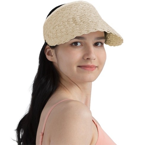 SUN CUBE Womens Sun Visor Hat, Straw Beach Hats Wide Brim UV Protection,  Foldable Packable Cap, Roll Up Ponytail Summer Visor (Beige)