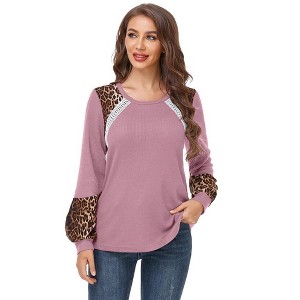 Women's Long Sleeve Leopard Print Tunic Tops Casual Color Block Blouse Loose T Shirt - 1 of 4