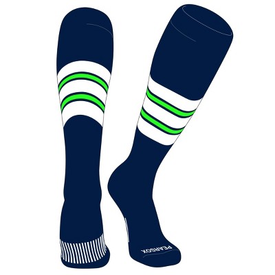 PEAR SOX Striped OTC Baseball, Softball, Football Socks (E) Navy, White, Neon Green (XL)