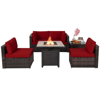 Tangkula 6 PCS Patio Wicker Furniture Set With 30" Gas Fire Pit Table 50,000 BTU Black/Red/Turquoise/Navy/White  Cushions