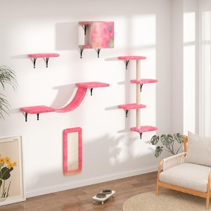NAYSAYE Set of 5 Wall Mounted Cat Furniture, Wooden Climber Includes House, Bridge, Tree, Steps, and Scratcher for Cat Family, Pink, 14.2"*8.7"*14.2" - 1 of 4