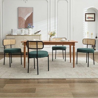DYHOME Dining Chairs, Dining Room Chairs Set of 4 with Rattan Cane Back, Upholstered Modern Boucle Dining Chairs with Black Metal Legs