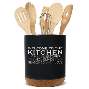 Elanze Designs Welcome to the Kitchen Ceramic Cork Bottom Black Large Capacity Utensil Holder Crock for Countertop Storage, Stylish & Durable for - 1 of 4