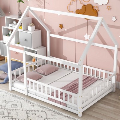Whisen Full Size Floor Wooden Bed with House Roof Frame and Fence Guardrails