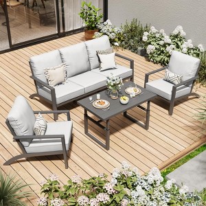 COWLOWN 4 Piece Gray All Weather Outdoor Sectional Patio Conversation Set with Grey Frame and Khaki Cushions, Ideal for Deck and Lawn - 1 of 4
