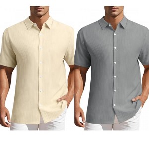 INSPIRE CHIC Men's Summer Point Collar Short Sleeves Button Down Linen Shirts 2 Packs - 1 of 4