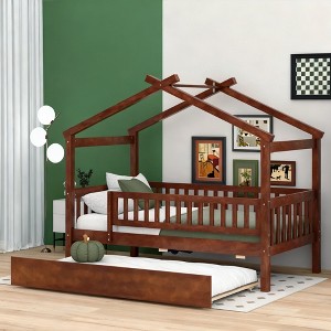 Luxystar Twin Size Kids House Bed with Twin Size Trundle and Pull Out Bed - 1 of 4