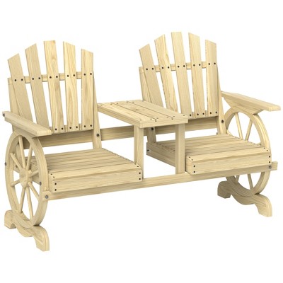 Outsunny Wooden Garden Bench with Table, Umbrella Hole, 2-Seat Wagon Wheel Outdoor Bench, High Backrest, Armrests for Backyard, Patio