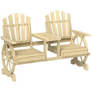 Outsunny Wooden Garden Bench with Table, Umbrella Hole, 2-Seat Wagon Wheel Outdoor Bench, High Backrest, Armrests for Backyard, Patio - 1 of 4