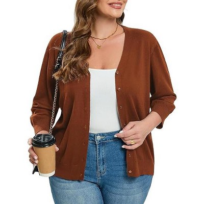 Women's Plus Size Cardigan Open Front Oversized Button Lightweight Sweaters V Neck Loose 3/4 Sleeve Cardigans Knit Outwear