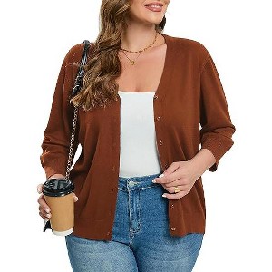 Women's Plus Size Cardigan Open Front Oversized Button Lightweight Sweaters V Neck Loose 3/4 Sleeve Cardigans Knit Outwear - 1 of 4