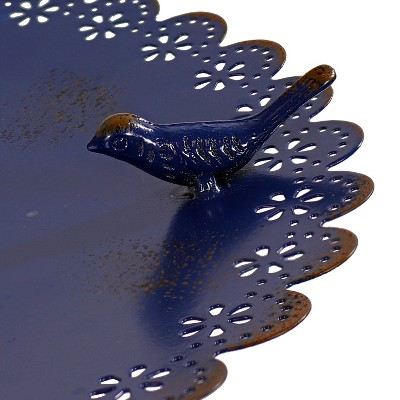 Vintage Blue Iron Pedestal Bird Feeder with Scalloped Edges