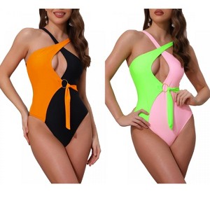 INSPIRE CHIC Women's Criss Cross Color Block O Ring Side Tie Strappy Swimwear Monokini Suit 2 Sets - 1 of 4