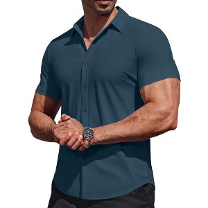 muscle dress shirts EOUOSS Men's Fit Stretch Athletic Slim Fit Short Sleeve Casual Button Down Shirt Beige X-Small : Clothing, Shoes & Jewelry Designed for men with broad shoulders and narrow waists Best Muscle Fit Dress Shirts