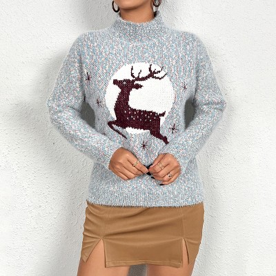 Women's Christmas Sweater High Neck Long Sleeve Fuzzy Knitted Pullover Top Casual Loose Jumper Tops