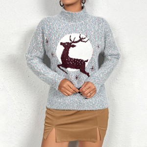 Women's Christmas Sweater High Neck Long Sleeve Fuzzy Knitted Pullover Top Casual Loose Jumper Tops - 1 of 4