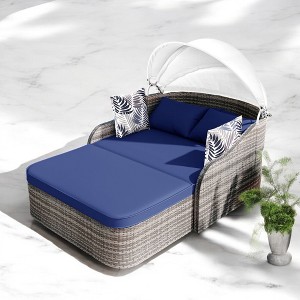 Mshliw 79.9" Outdoor Sun Lounger with Adjustable Canopy, Curved Armrests, and Pillows – PE Rattan Daybed for Patio, Deck, or Garden - 1 of 4