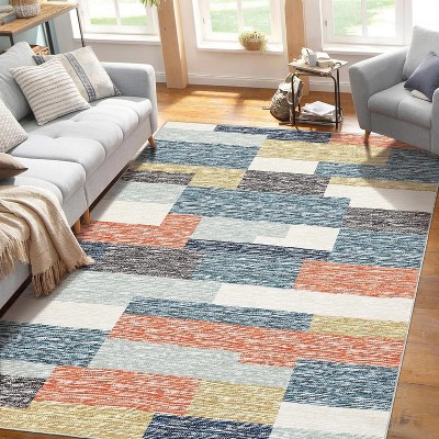 Modern Runner Rug, Geometric Patchwork, Non-Slip, Washable, Low Pile, Hallway, Foldable, Contemporary Carpet, Laundry