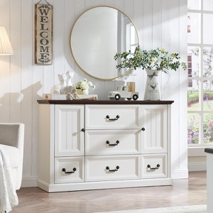 Farmhouse 5 Drawer Dresser, 47.5″ Rustic Wood Dressers Organizer with Sliding Barn Doors for Bedroom, Kitchen, Hallway - 1 of 4