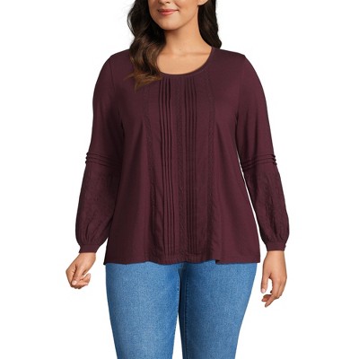 Lands' End Women's Lightweight Jersey Lace Mix Long Sleeve Pintuck Top