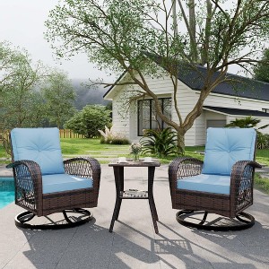 3 Piece Outdoor Swivel Chairs, Wicker Patio Bistro Set with Thickened Cushions and Side Table, Patio Swivel Rocking Chairs for Porch, Backyard - 1 of 4
