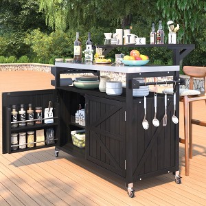 Racxily 53.3" Outdoor Kitchen Island with Raised Shelf, Solid Wood Storage Cabinet with Stainless Steel Top, Outdoor Rolling Grill Cart - 1 of 4