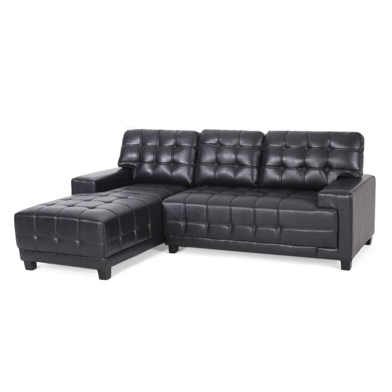 Harlar Contemporary Faux Leather Tufted 3 Seater Sofa and Chaise Lounge Set Midnight Black/Dark Brown - Christopher Knight Home, 1 of 15