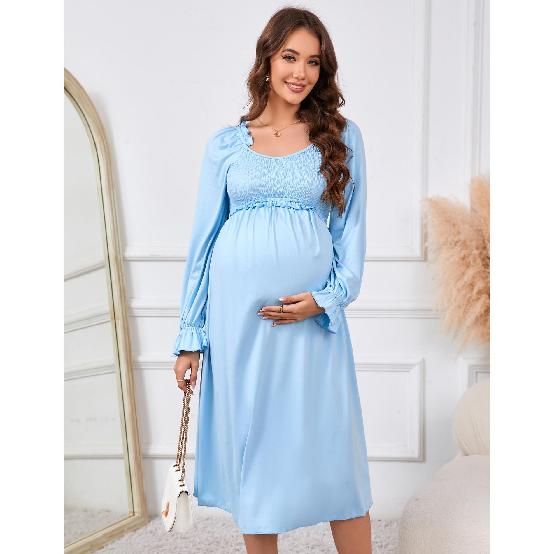 Women's Maternity Dress Long Sleeve V Neck Smocked Chest Midi Dress Photoshoot Baby Shower Light Blue S