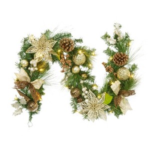 GustoWave 6 ft. Prelit Christmas Garland with 20 Warm White LED Lights, Flowers & Bows, Lighted Xmas Holiday Garlands - 1 of 4