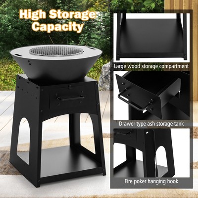 Black Galvanized Metal Outdoor Fire Pit with Grill and Log Rack