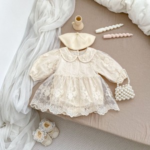 Arrival Baby Girls Long Sleeves Solid Color Floral Embroidered Tulle Bodysuits Dress - 1 of 4
