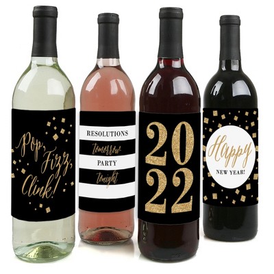 Big Dot of Happiness New Year's Eve - Gold - 2022 New Years Eve Party Decorations for Women and Men - Wine Bottle Label Stickers - Set of 4