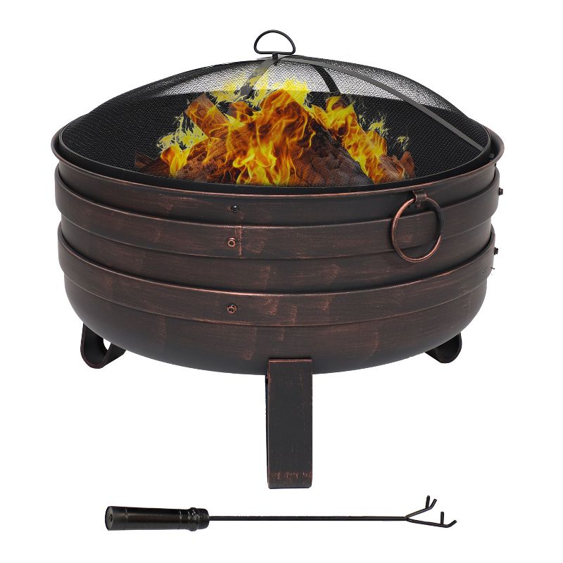 Sunnydaze Heavy-Duty Steel Cauldron Fire Pit with Spark Screen and PVC Protective Cover - 28.5-Inch Round - Brushed Bronze, 1 of 8
