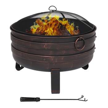 Sunnydaze Heavy-Duty Steel Cauldron Fire Pit with Spark Screen and PVC Protective Cover - 28.5-Inch Round - Brushed Bronze