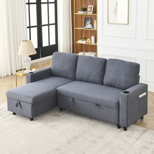 78.5" Corduroy/Linen Upholstered L-Shaped Sleeper Sofa with Pullout Bed, Storage Space, Cup Holders and Side Pocket, 4L -ModernLuxe - 1 of 4