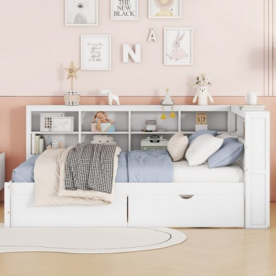 Wooden Daybed with USB Port and Storage Drawers, Platform Bed Frame with Side Shelves for Guest or Teen Room-Cuddlewood