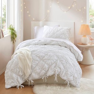 AENKYO Full/Queen Comforter Set, 3-Piece Puffy Embroidery Bedding with Textured Floral Quilting & Elastic Ruching Design - 1 of 4