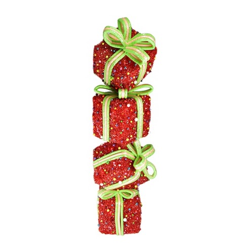 Northlight 34 Lighted Red Tinsel And Candy Stacked Gift Boxes