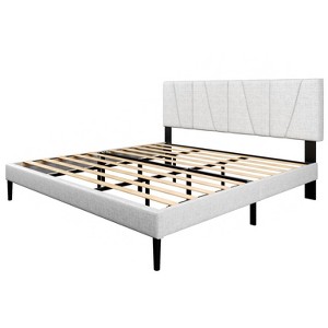 Dexmalle Linen Fabric  Bed Frame with Geometric Upholstered Headboard - 1 of 4