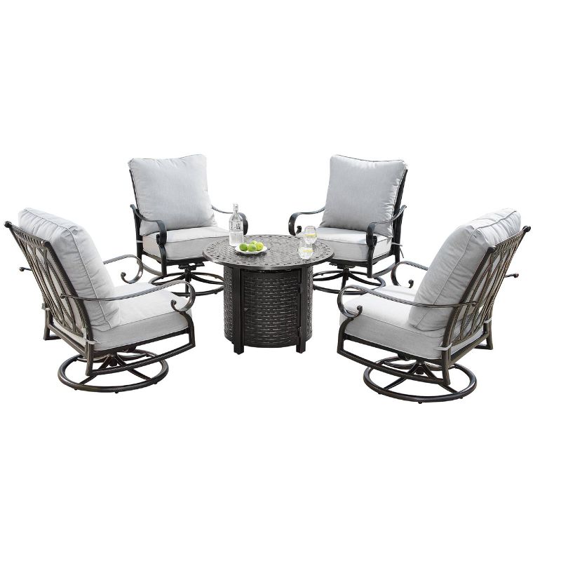 5pc Outdoor Dining Set with 34&#34; Aluminum Round Basket Weave Design Fire Table, Deep Seating Swivel Rocking Chairs &#38; Covers - Oakland Living, 1 of 18
