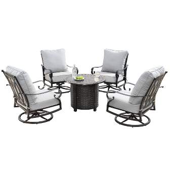 5pc Outdoor Dining Set with 34" Aluminum Round Basket Weave Design Fire Table, Deep Seating Swivel Rocking Chairs & Covers - Oakland Living