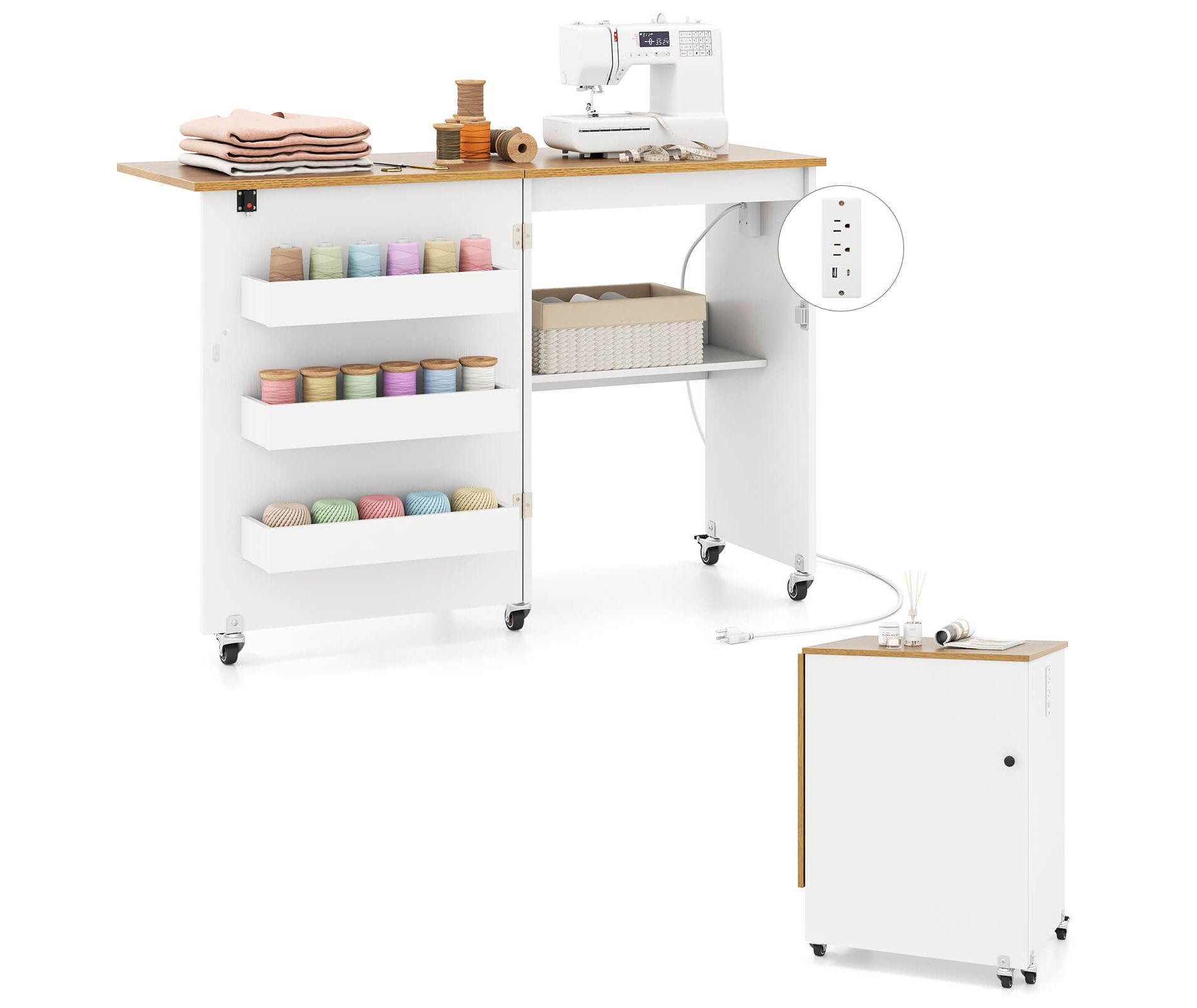 Costway Folding Sewing Table Rolling Craft Station with 3 Storage Bins & Charging Station White+natural