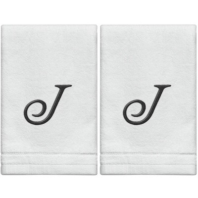 Creative Scents Set of 2 White Fingertip Monogrammed Towels, Black Embroidered