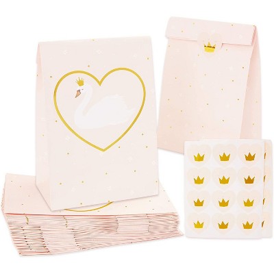 24-Pack Princess Swan Paper Party Favor Bags with Stickers for Baby Shower, Kids Birthday Treat, Goodie & Gifts, 8.6 x 5.1 inches