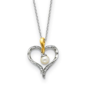 Black Bow Jewelry Plated Sterling Silver, FW Cultured Pearl & CZ Heart & Soul Necklace - 1 of 4